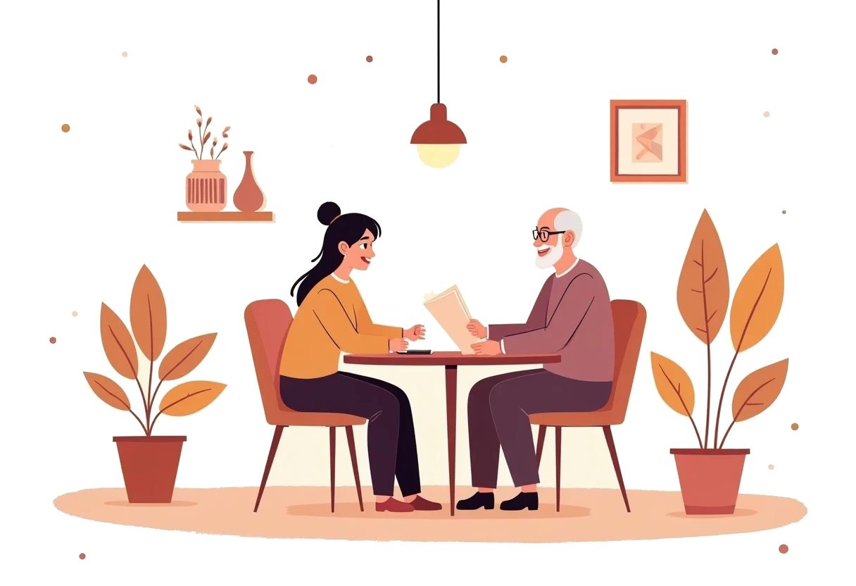 Illustration of a care coordinator explaining a document to an elderly couple at their kitchen table