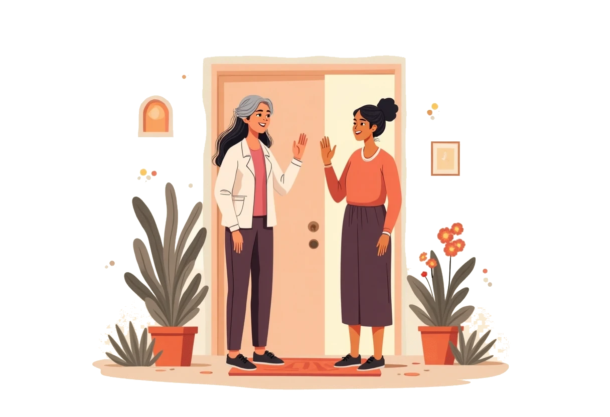 Illustration of a care coordinator welcoming a family at the start of home care