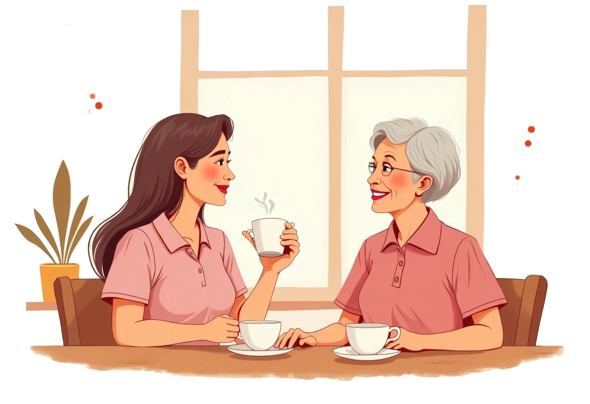 Illustration of a caregiver sharing tea with a smiling elderly woman at her kitchen table
