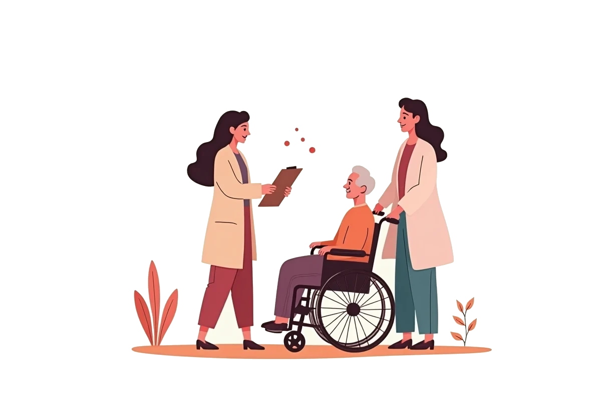Illustration of a case manager handing off a patient referral to a home care coordinator