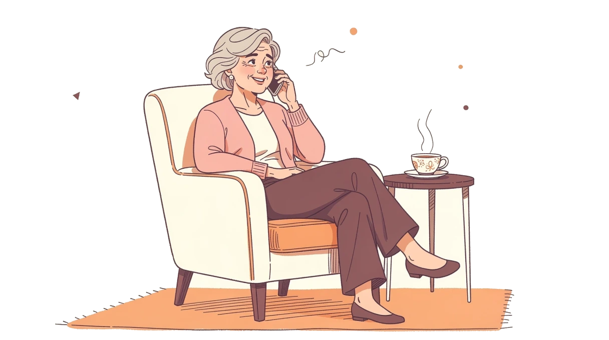 Illustration of an older woman smiling while talking on the phone in her armchair