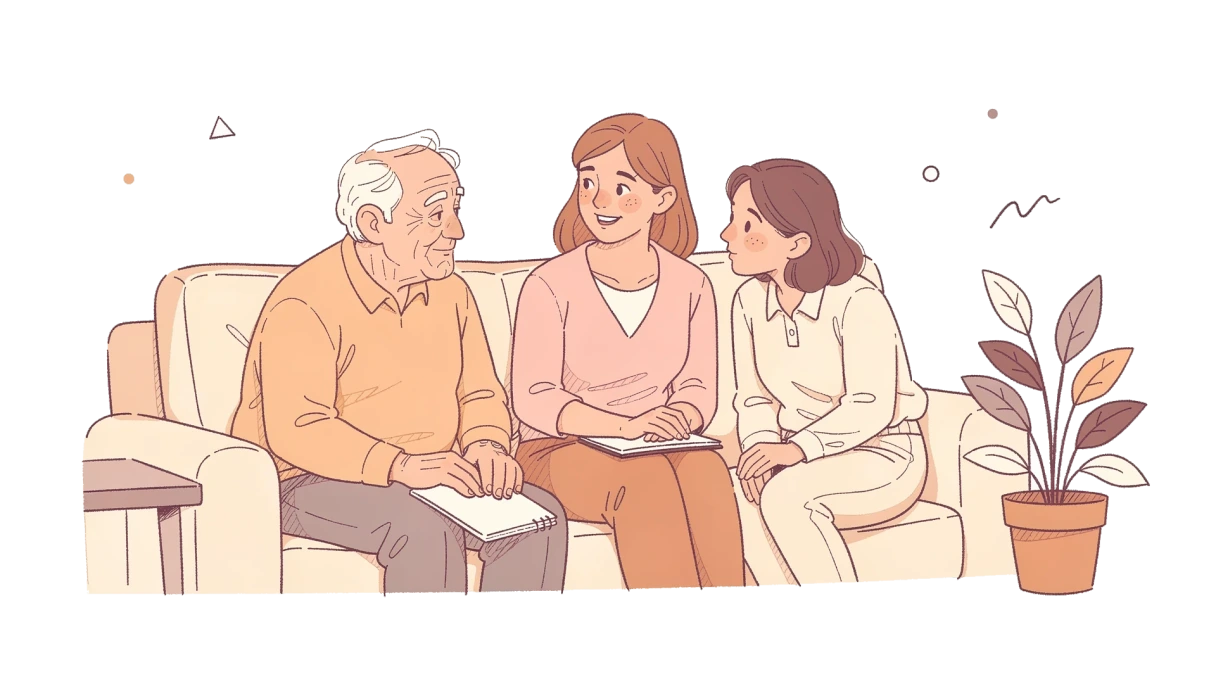 Illustration of a care supervisor sitting on a sofa listening to an older man and his daughter