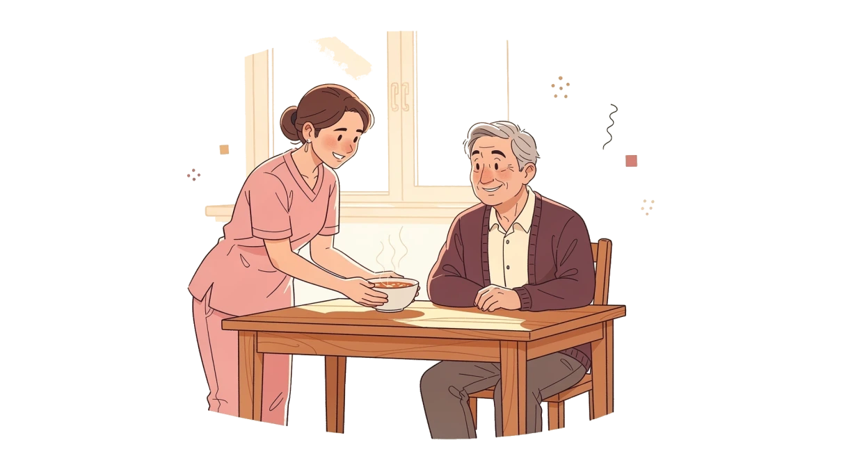 Illustration of a caregiver serving a warm bowl of soup to a smiling older man