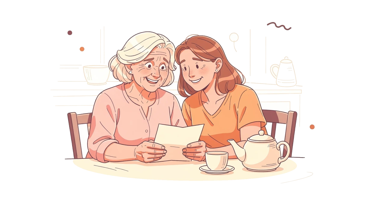Illustration of an older woman and her daughter happily reading an approval letter together