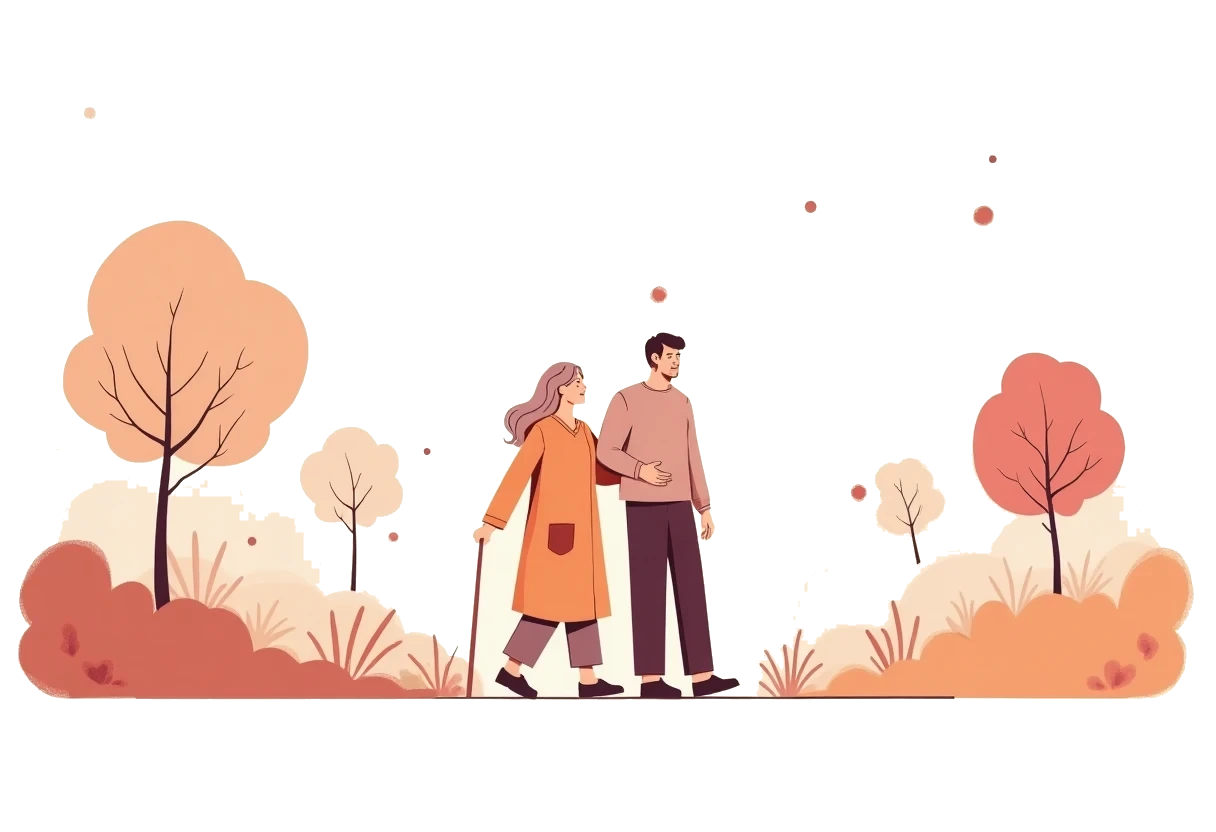 Illustration of a caregiver walking steadily beside an older woman using a cane