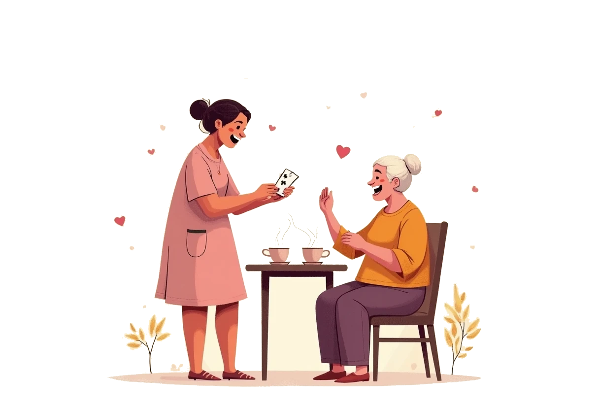 Illustration of a caregiver and an older woman laughing over a card game