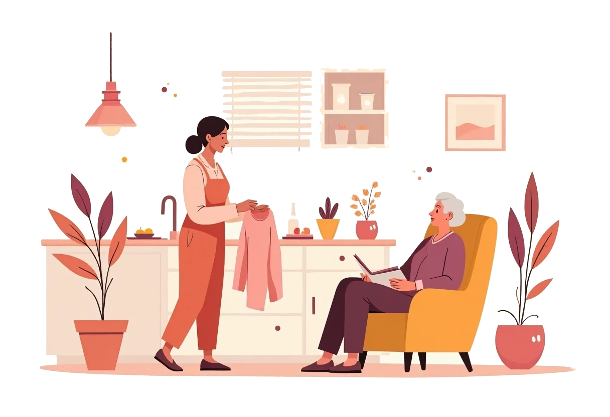 Illustration of a caregiver folding laundry in a bright living room