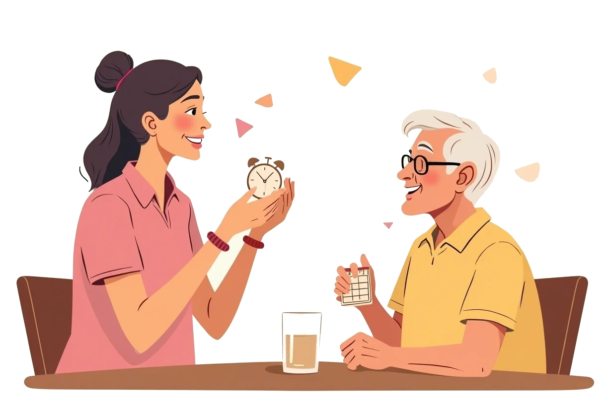 Illustration of a caregiver pointing to a weekly pill organizer