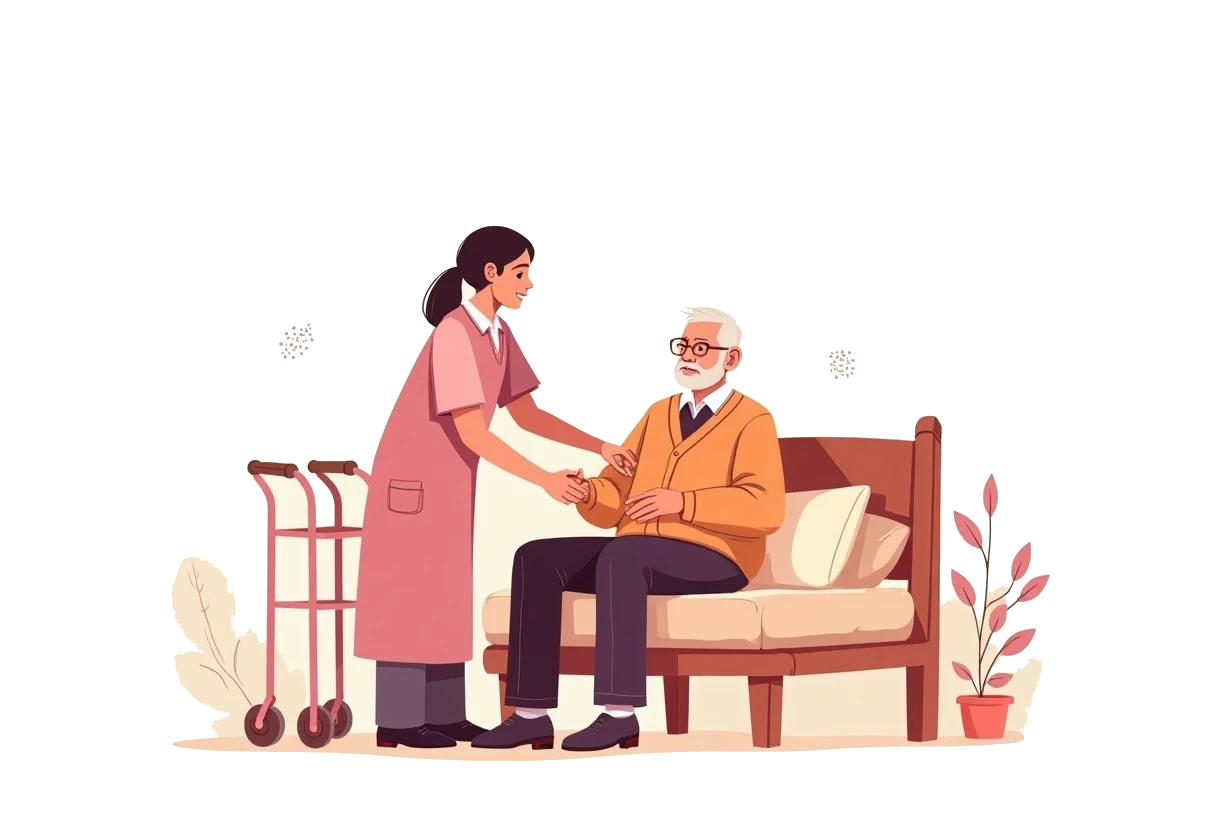 Illustration of a caregiver helping an elderly man button his cardigan