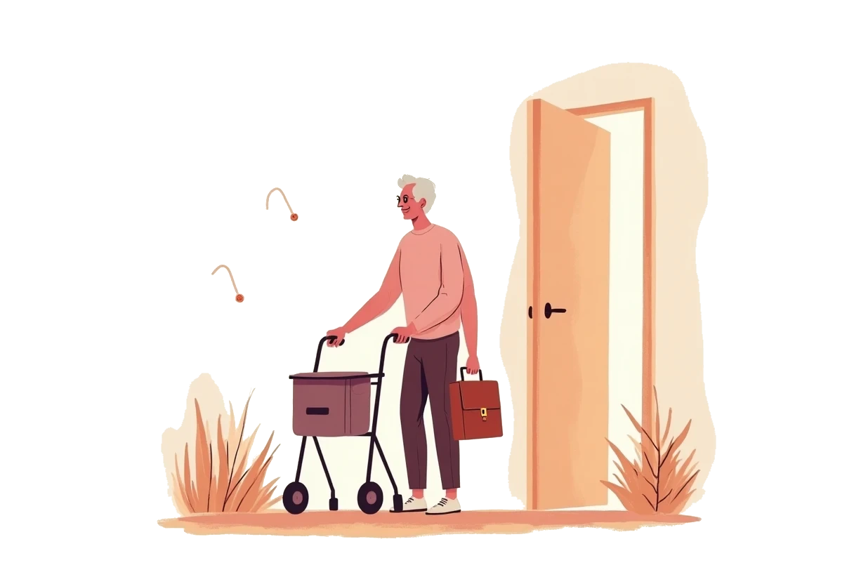Illustration of a caregiver steadying a man using a walker at home