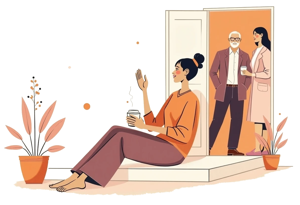 Illustration of a caregiver greeting an older man while his daughter heads out