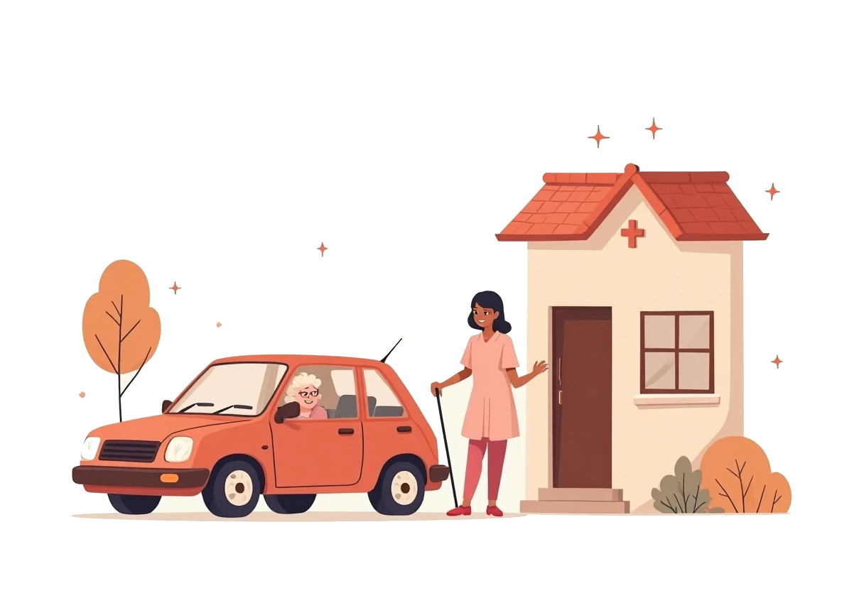Illustration of a caregiver helping an older woman out of a car at a clinic