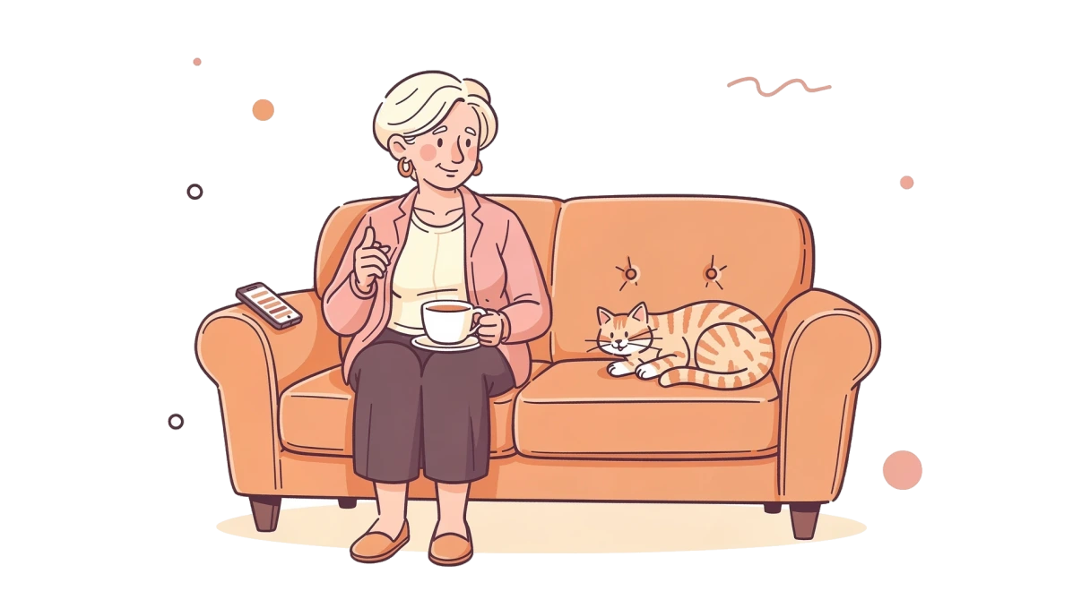 Illustration of an older woman sitting calmly on her sofa with tea, her phone beside her and a cat at the other end